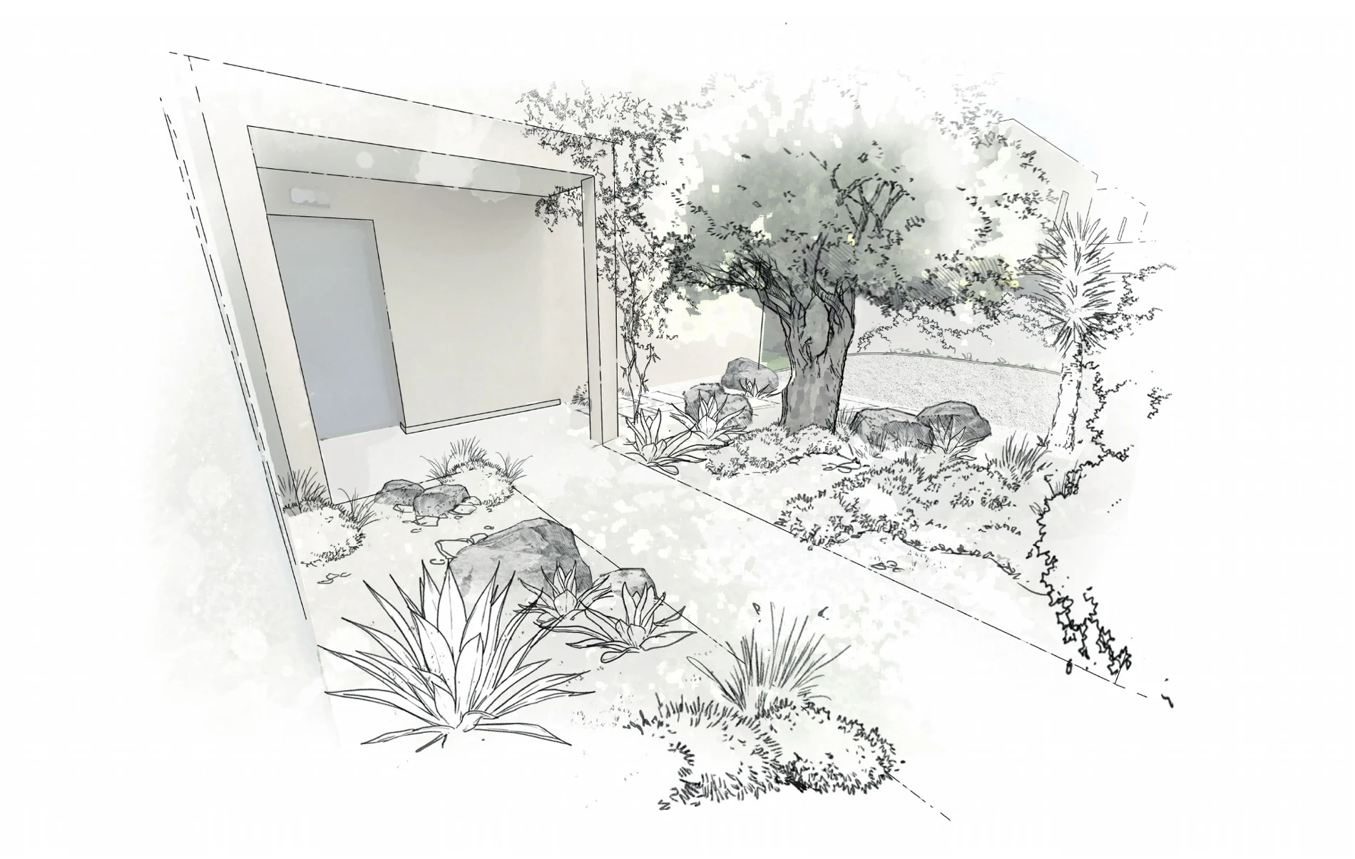 Première perspective de l’entrée entre architecture, arbre et composition minérale