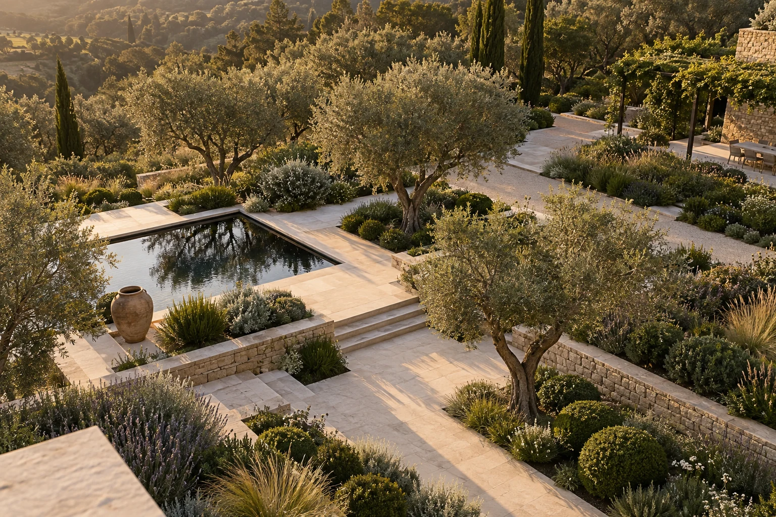 Vue en hauteur d’une composition paysagère entre terrasses, chemins de pierre et oliviers