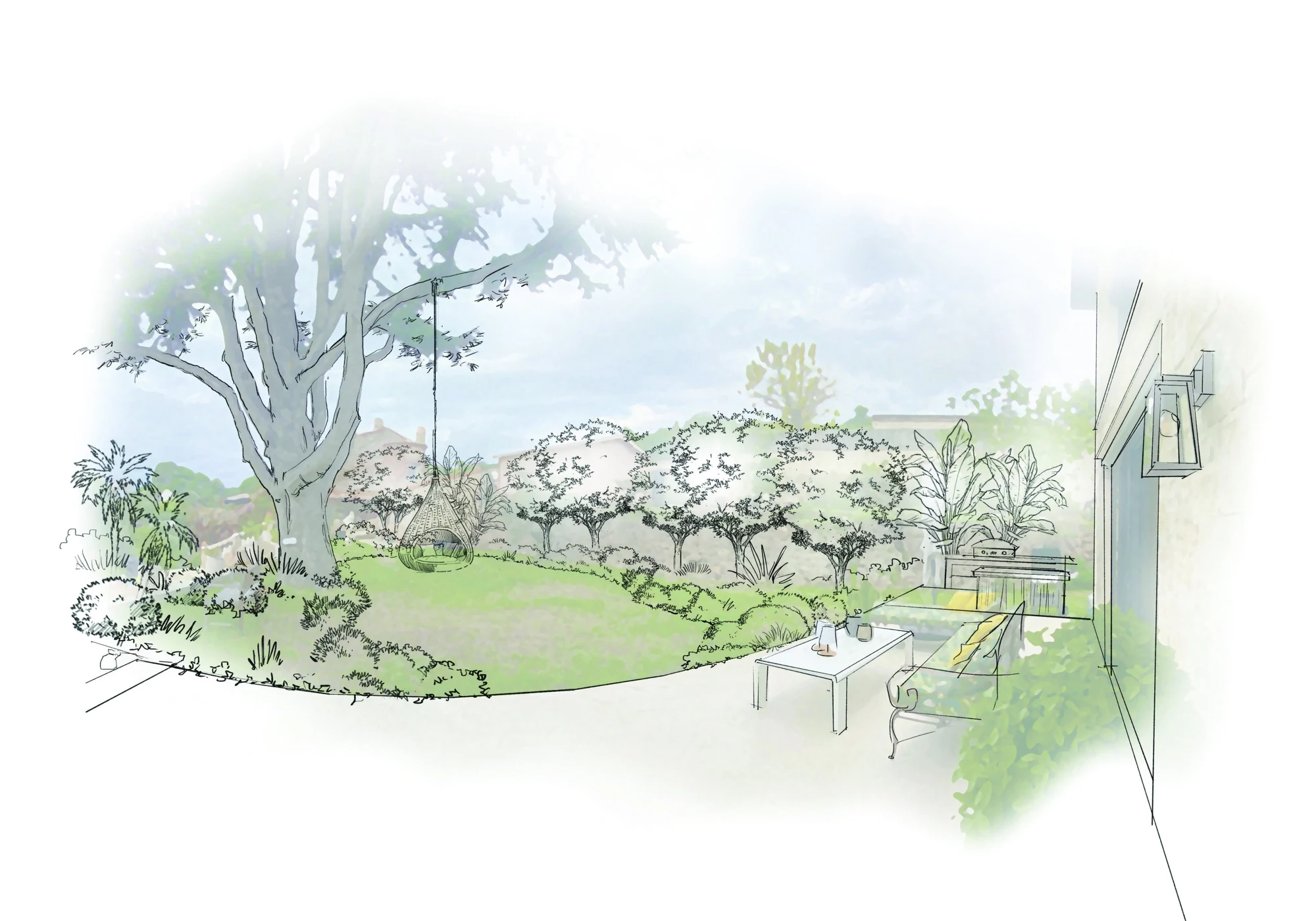 Seconde esquisse autour du cèdre avec vue sur le jardin et la façade