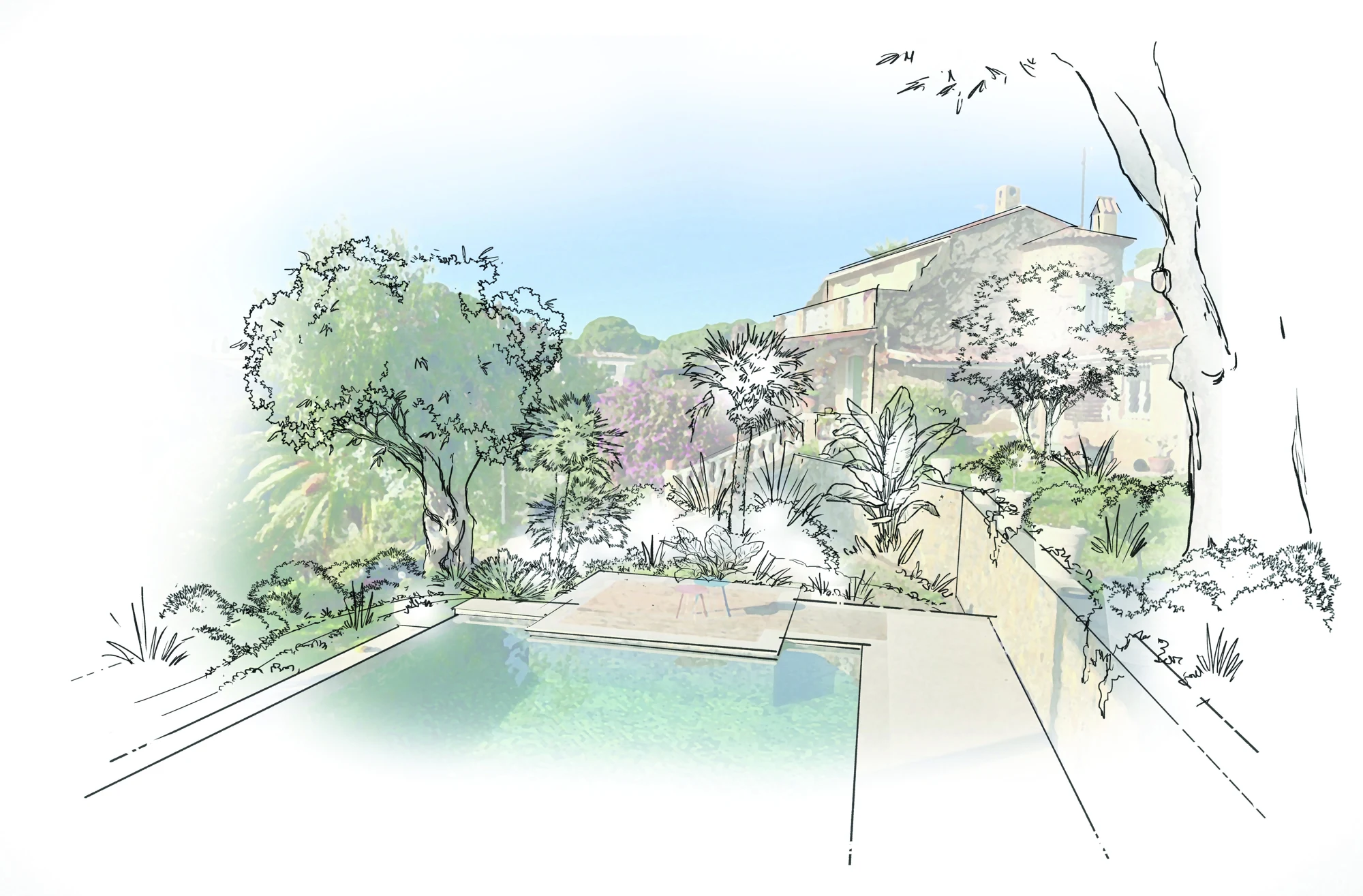 Esquisse des abords de la piscine, Croix des Gardes