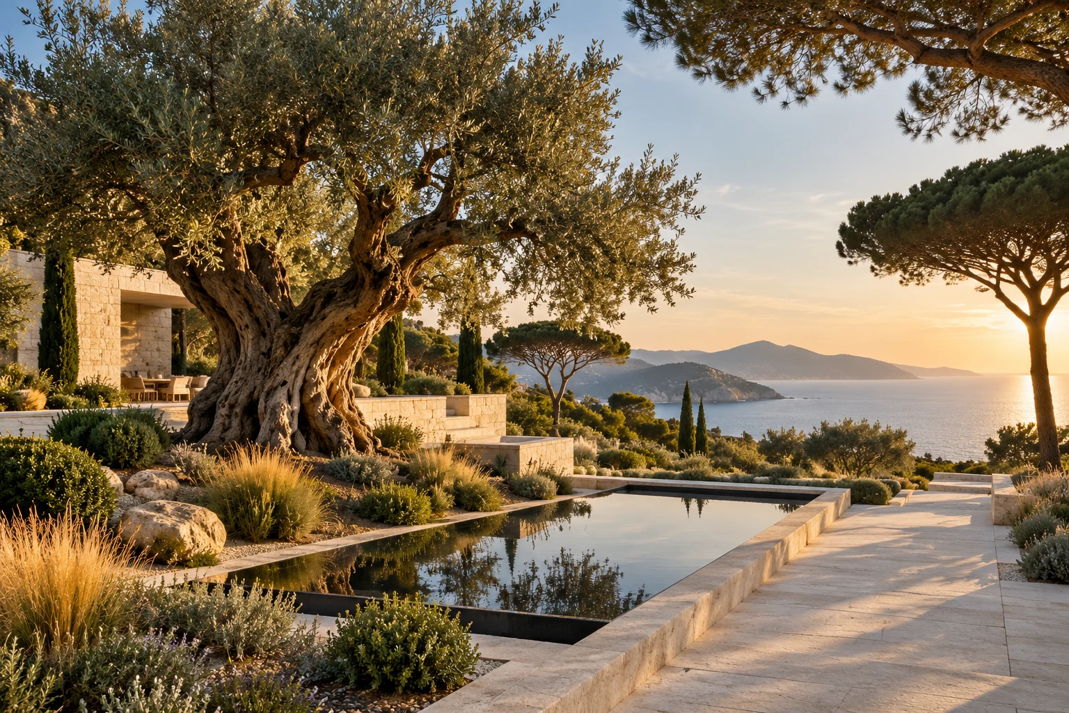 Jardin méditerranéen, olivier sculptural, pierre claire et bassin face à la mer