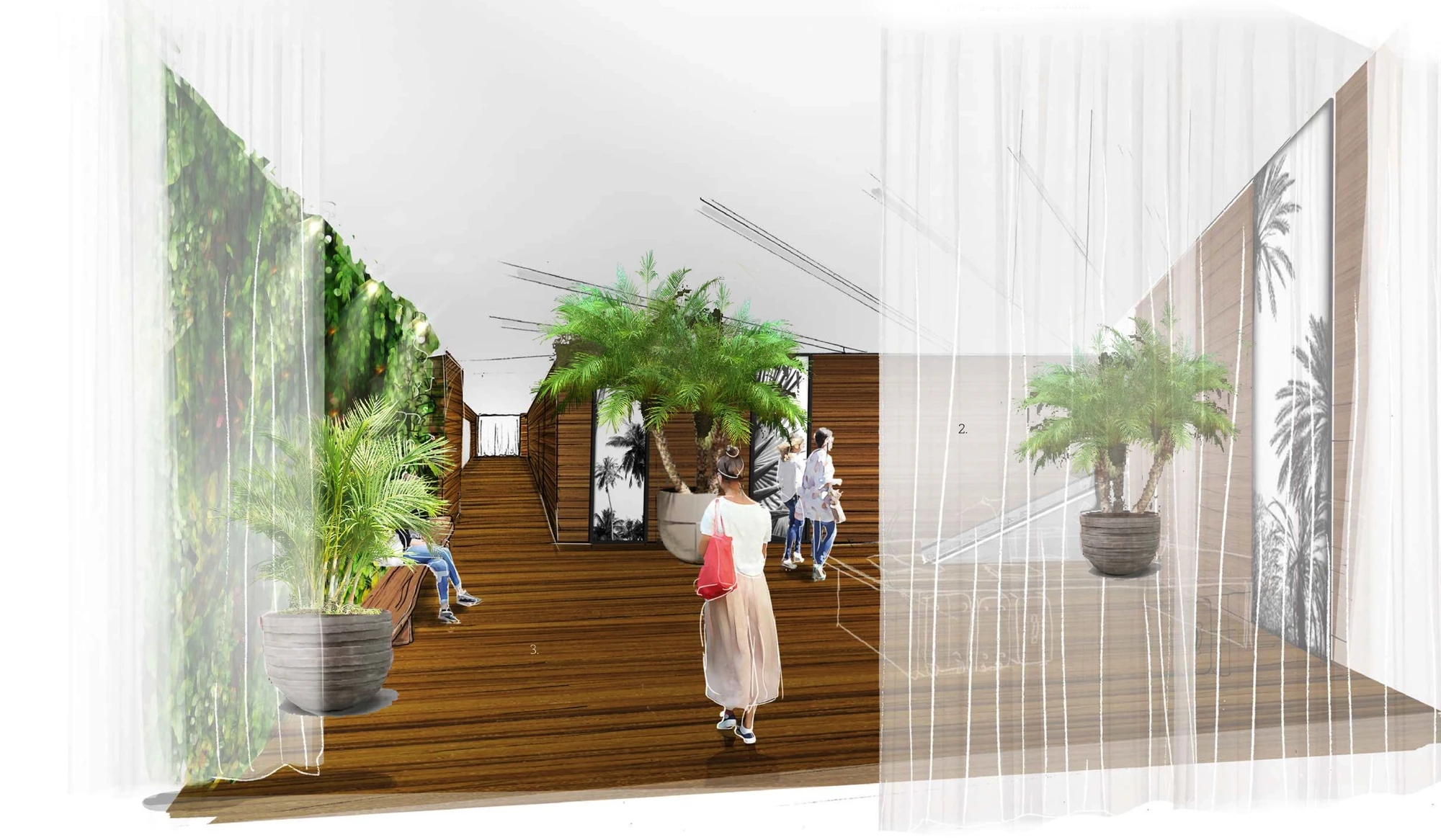 Interior entrance perspective combining timber, palms, foliage and planted containers