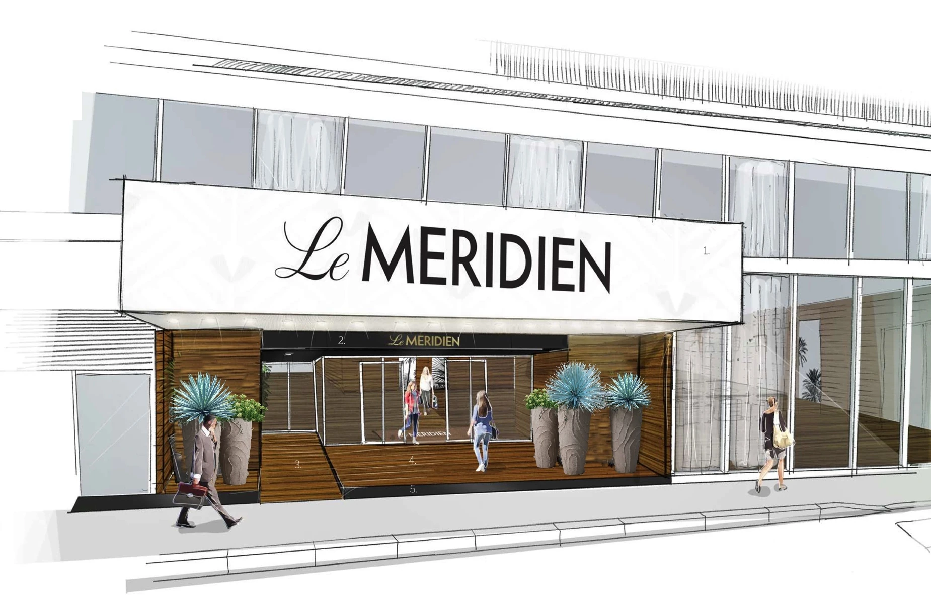 Design perspective of Le Méridien hotel entrance in Nice with planted containers