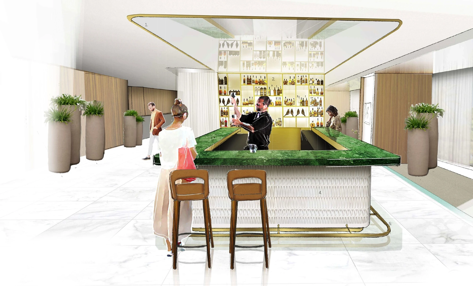 Design perspective of the lobby bar framed by tall planters