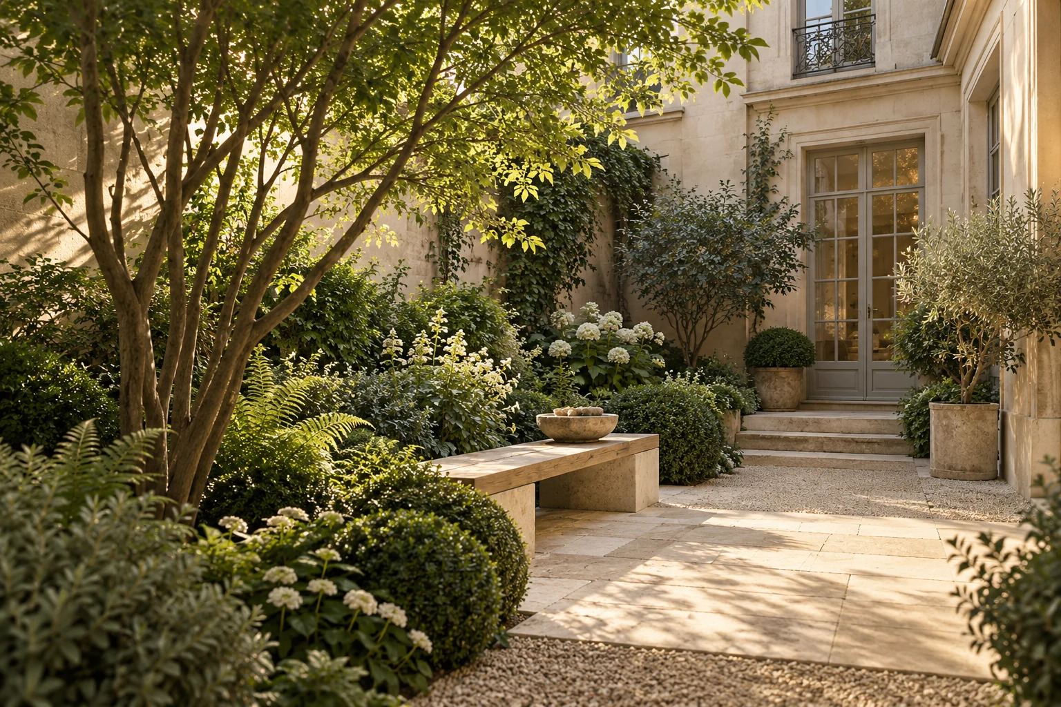 Landscaped courtyard with pale stone walls, a small tree, a bench and layered planting