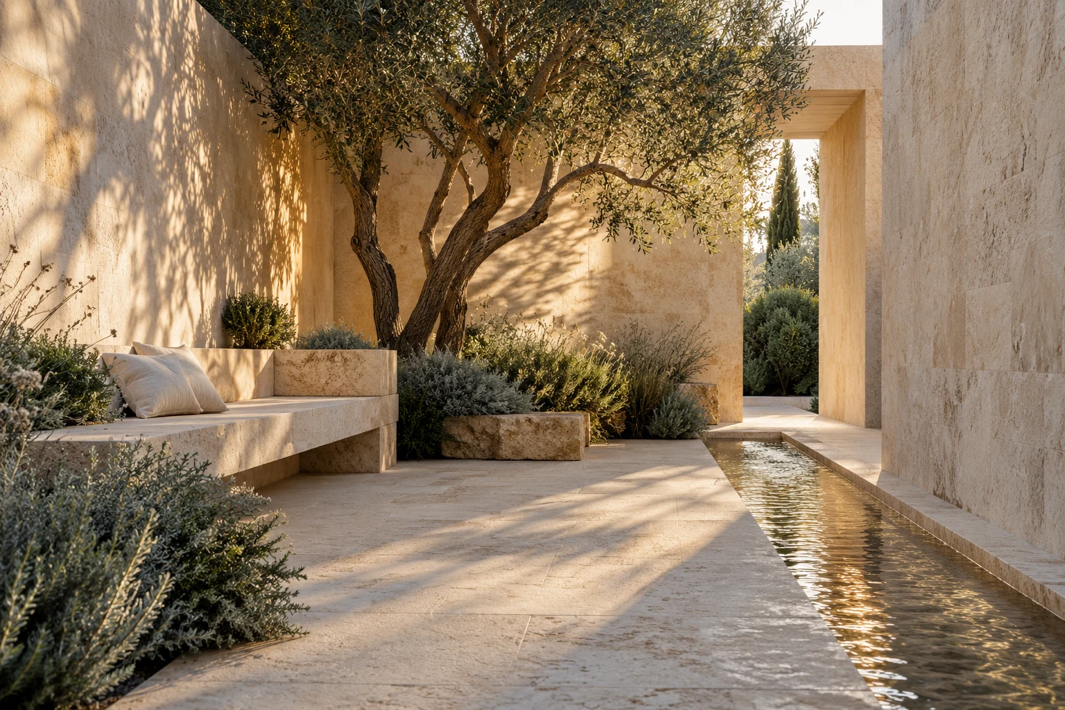 Patio de pierre claire, arbre sculptural, filet d’eau et banquette intégrée