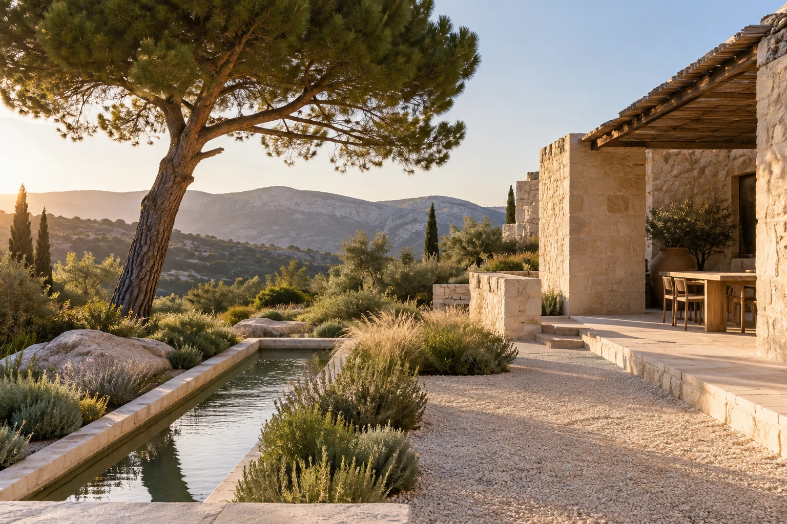 Jardin provençal avec pin sculptural, pierre naturelle, bassin et plantations méditerranéennes