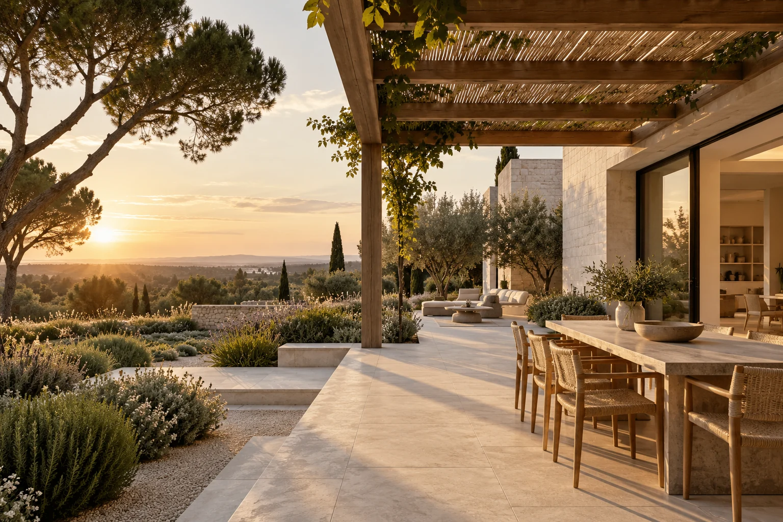Villa contemporaine ouverte sur une terrasse ombragée et un jardin structuré